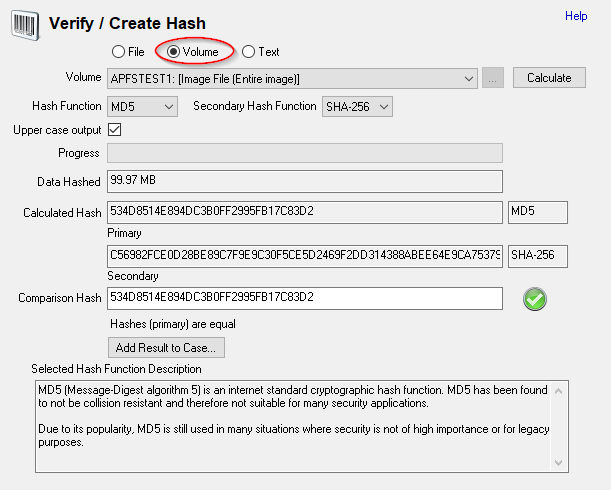 Checking MD5 hash of a volume, disk or image