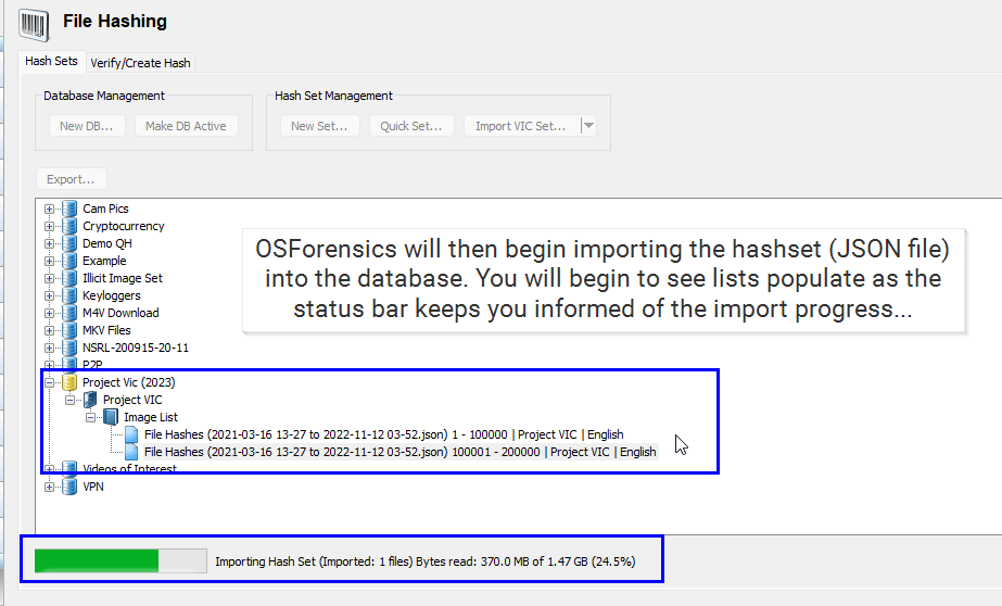 OSForensics will import the hashset